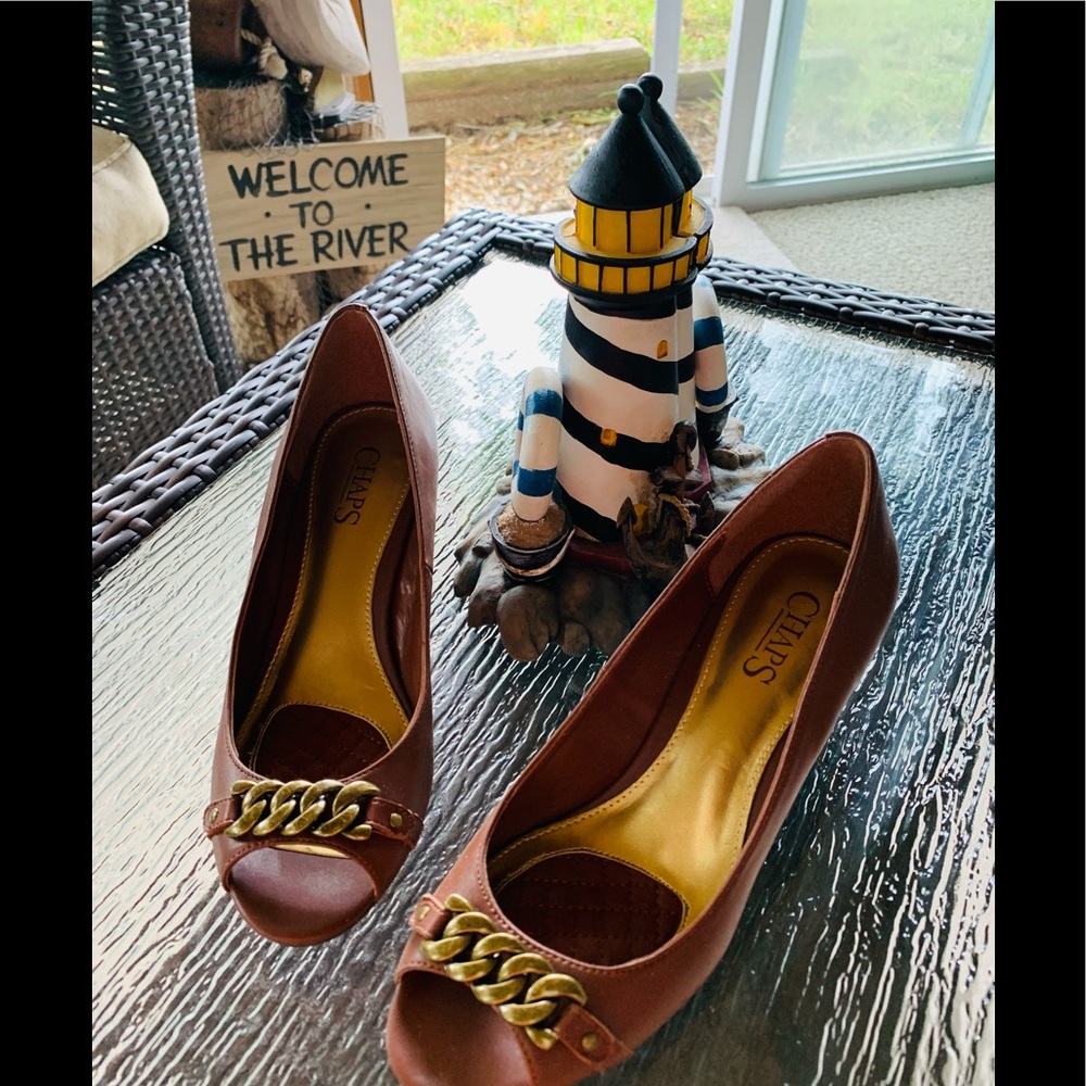 Brown, Chaps, Wedge heel, open toe shoes Like New